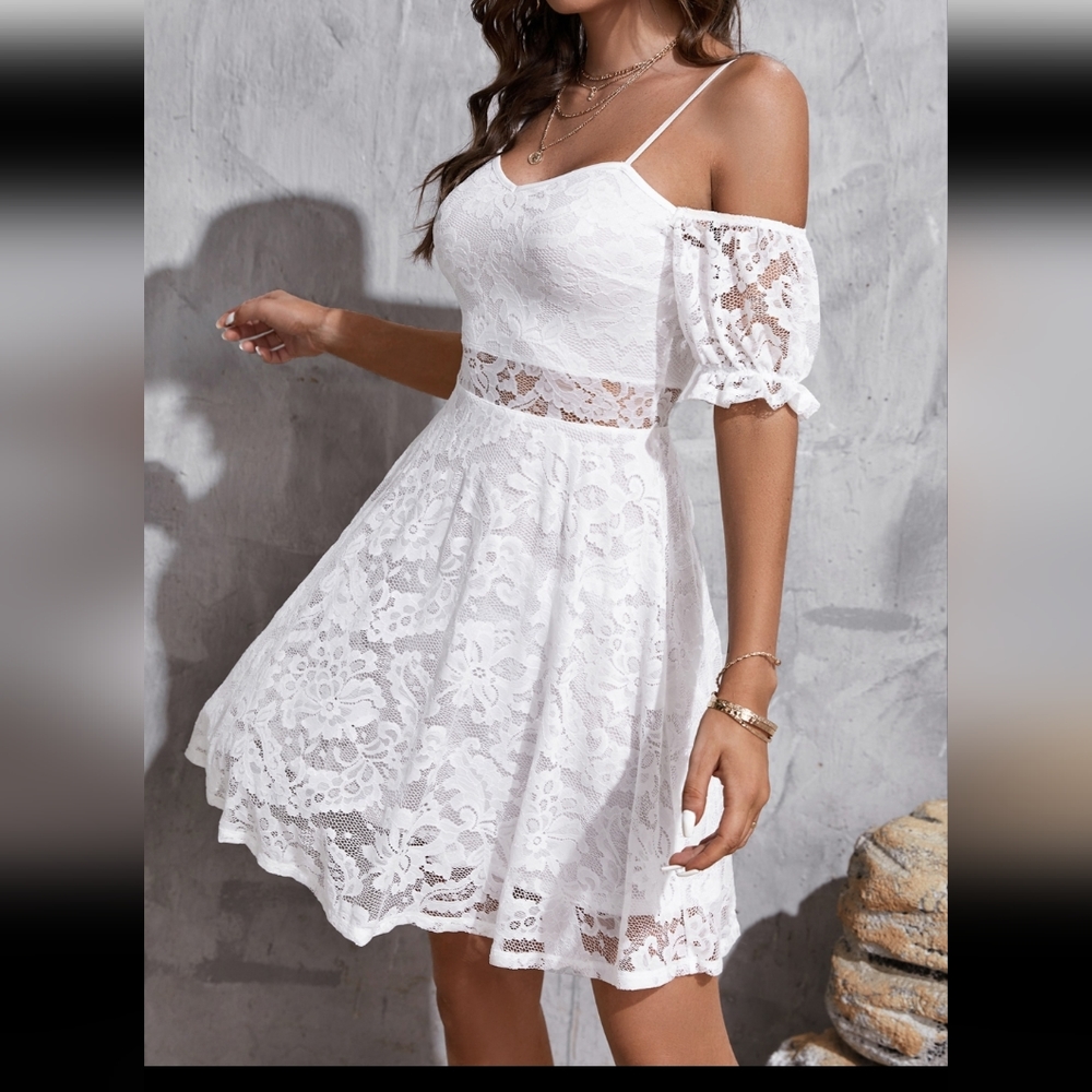 Shein VCAY Cold Shoulder Flounce Cuff Guipure Lace Dress